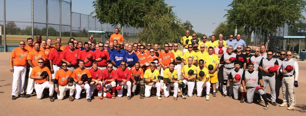 6/20/15 Red Mt Complex, Mesa, AZ: Members of six teams in the AZ MSBL 45+ Division gather for a moment of respect and silence upon learning of the passing on 6/19/15, of long-time baseball player/teammate/opponent, Bill Cocchia. Teams represented today were AZ Rangers, Gamblers, Giants, 45 Angels, A's, The O's. R.I.P Bill Cocchia
